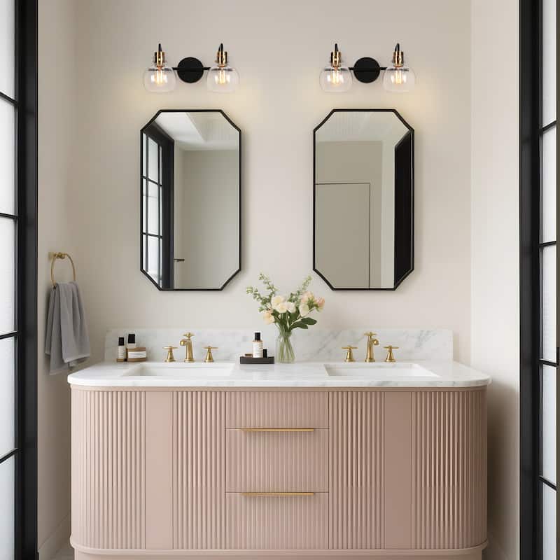 Modern 2-Light Black Gold Bathroom Vanity Light Wall Sconce with Clear Glass - 14.5" L x 8" W x 8.5" H