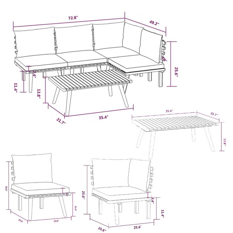 Roma 5pc Outdoor Modular Sofa Set, Table, White Cushions, Acacia Wood