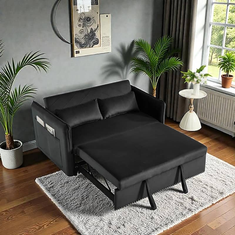 3 in 1 Convertible Sleeper Sofa Bed, Velvet Futon Loveseat with Pull Out Bed, Adjustable Backrest and Side Pockets