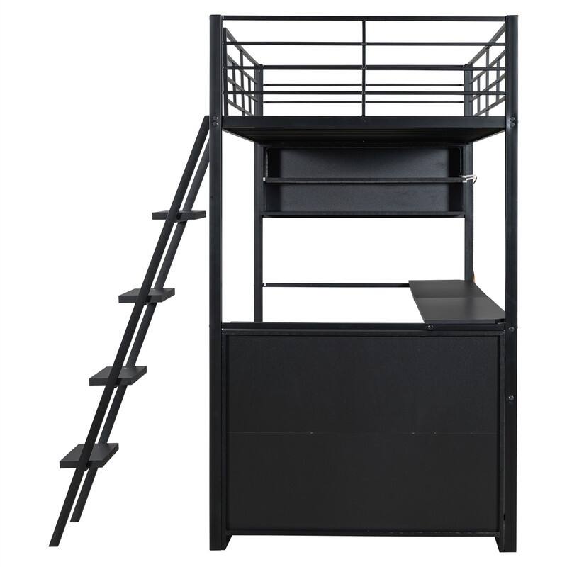 Metal Gaming Loft Bed with LED Light and Bulit-in Desk, Twin/Full Size Loft Bedframe with 4 Storage Shelves and Steps