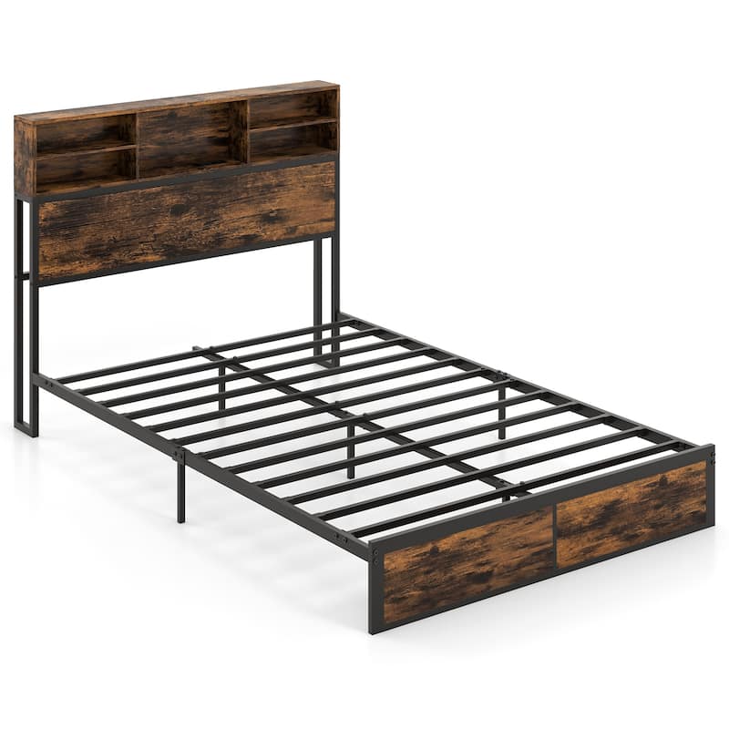 Metal Platform Bed Frame with Headboard Storage and USB Charging Ports
