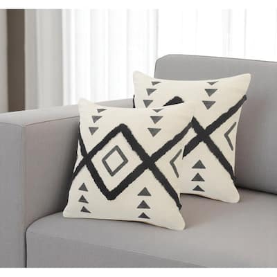 Set of Two 20" Natural And Black Geometric Cotton Throw Pillows with Texture