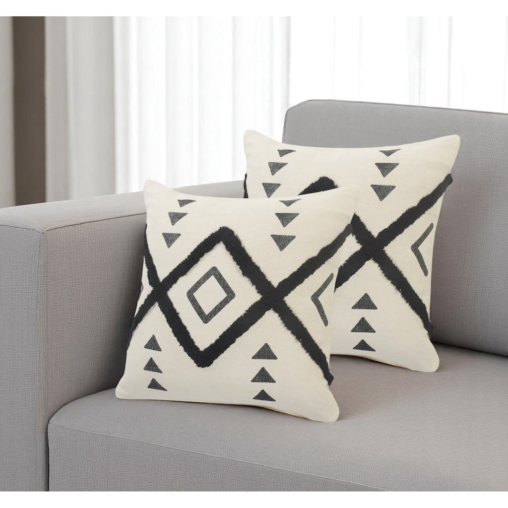 Set of Two 20" Natural And Black Geometric Cotton Throw Pillows with Texture
