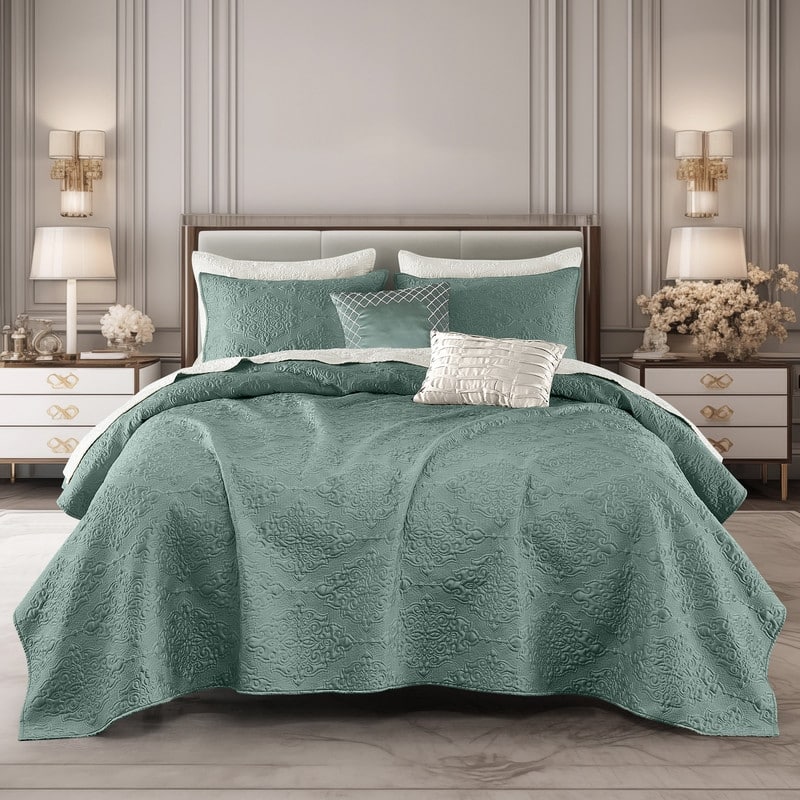 Wonderful Satin Quilt Set Cooling 5-Piece Bedding Set for Summer - Mineral Blue - Queen