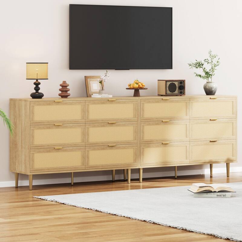 6 Drawer Rattan Dresser for Bedroom, Wide Double Dresser Chest of Drawers