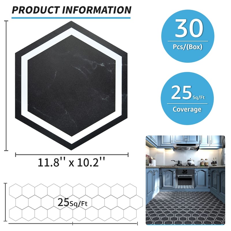 Art3d 11.8" x 10.2" Hexagon Peel and Stick Flooring Tile Marble Look, 30-Pack,Self Adhesive Waterproof Vinyl Floor Tile