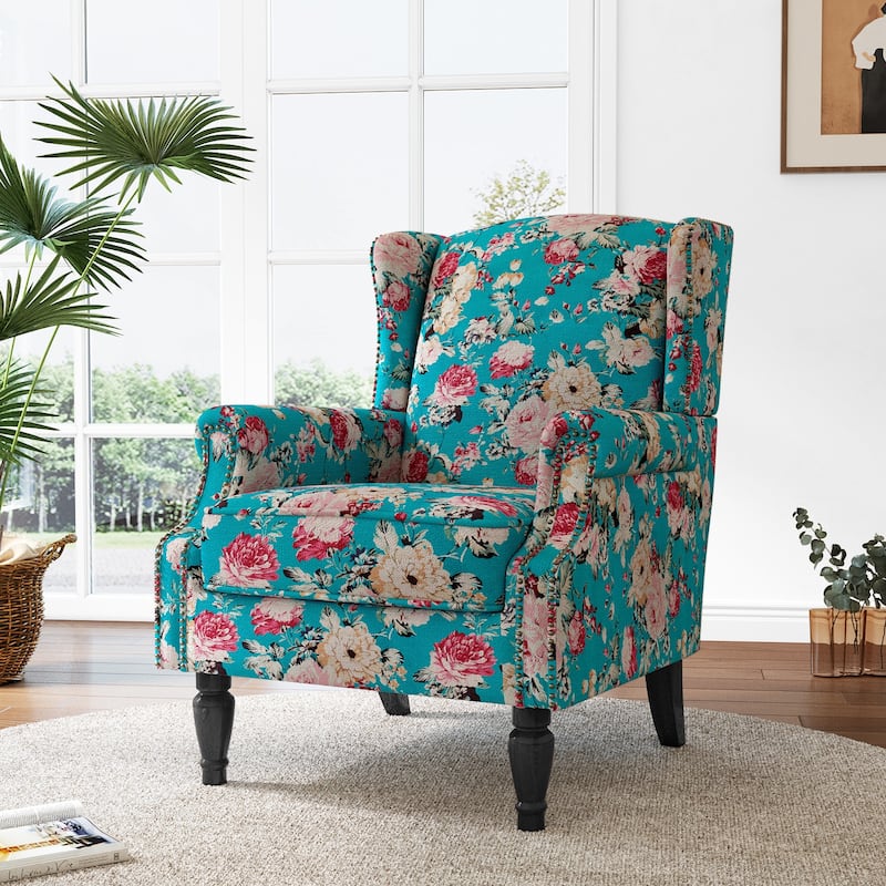 Mid-Century Modern Linen/ Vegan Leather Wing Back Accent Chair