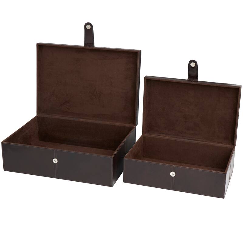 Dark Brown Leather Storage Box with Snap Front Closure and Detailed Stitching (Set of 2)
