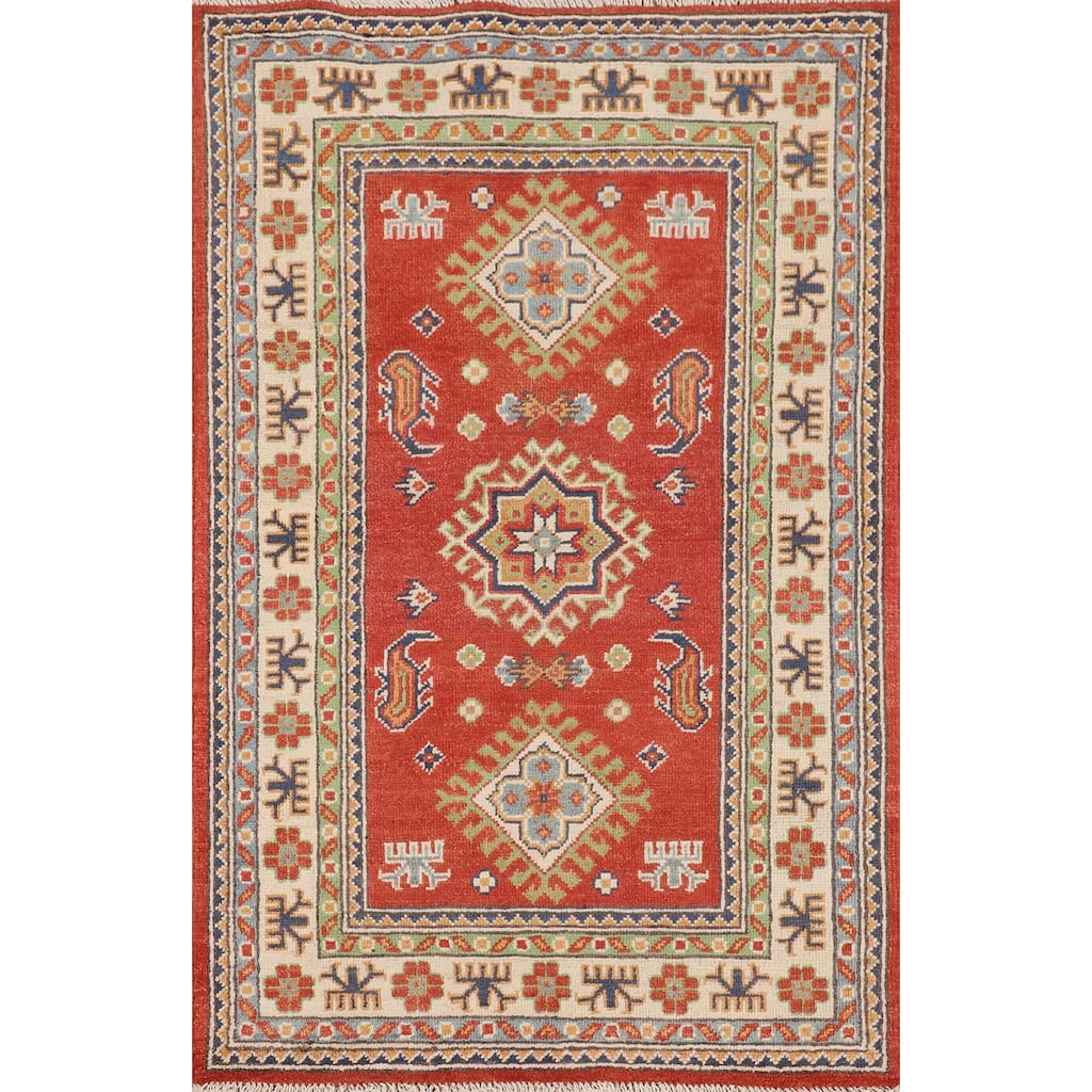 Kazak Accent Rug Hand-Knotted Traditional Orange Wool Carpet - 2'8" x 4'2"