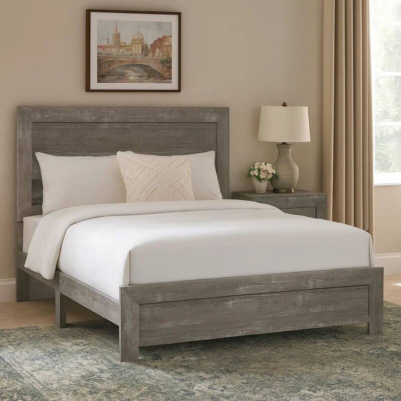 Eby King Size Bed, Rustic Farmhouse Style, Gray Finish Wood Veneer