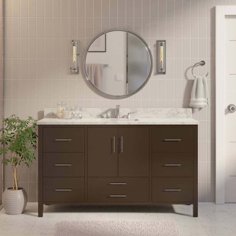 KitchenBathCollection California 60" Single Bathroom Vanity with Carrara Marble Top - Chocolate