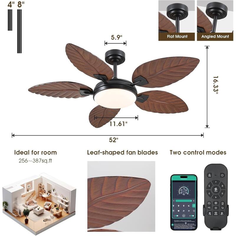 52" Palm Leaf Waterproof Tropical Ceiling Fan with Light and Remote,Indoor and Outdoor Ceiling Fan - 52 Inches