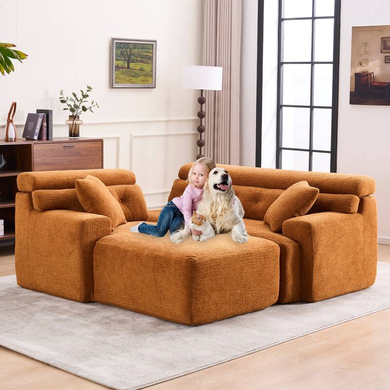 Modern Chenille Convertible L-Shaped 4-Seater Modular Sectional Sofa with 2 Pillows for Apartment Living Room