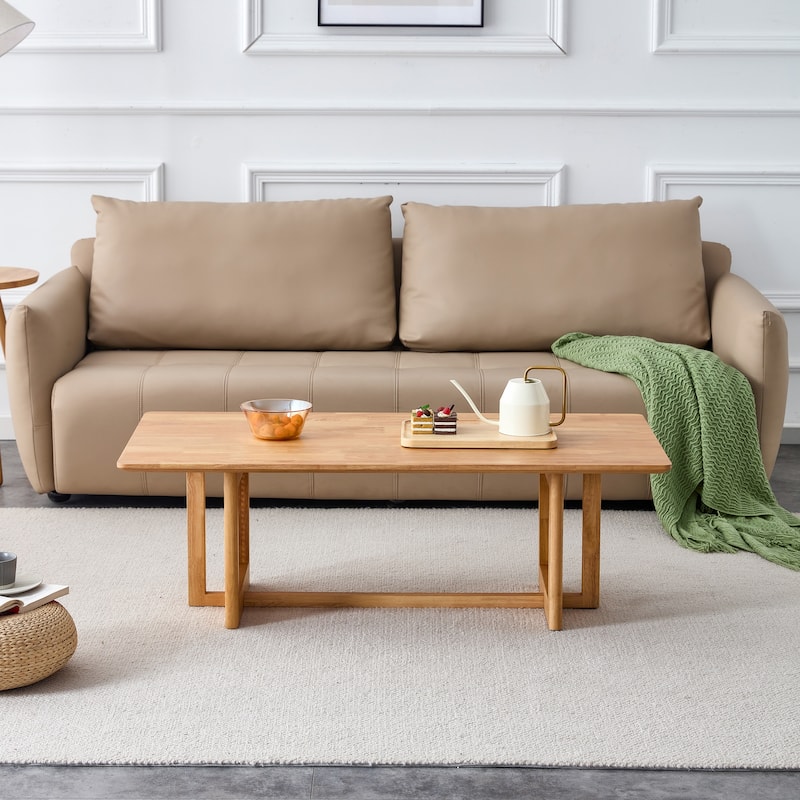 Rustic Coffee Table with Imitation Rattan, Wooden Center Table Accent Table End Table, Easy-to-Assemble - Natural