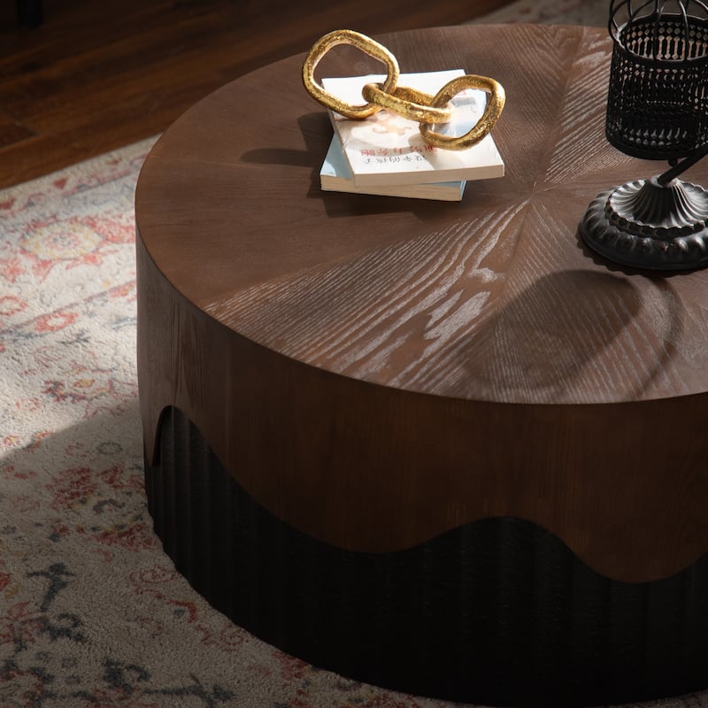 30.31" Round Coffee Table Handcrafted Relief Sturdy Pedestal Wooden Tea Table for Living Room no need to Assemble
