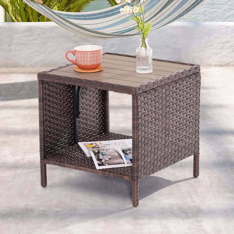 LIVOOSUN Patio HIPS Side Table, Square Coffee Table,Rattan End Table - Teak