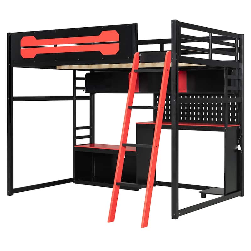 Full Size Wood Loft Bed with Desk, Shelves, LED Lights, USB Ports and Pegboard