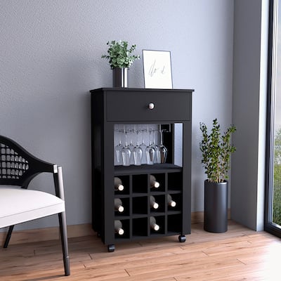 Memphis Bar Cart, Twelve Built-in Wine Rack, Four Legs, One Open Shelf -Black