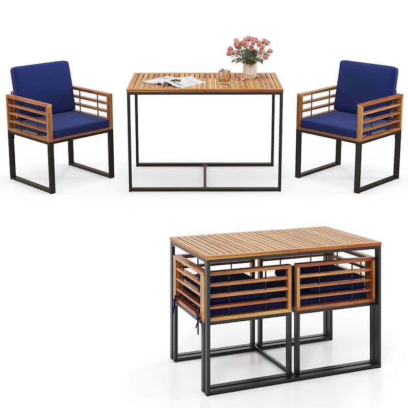 3 PCS Outdoor Dining Set Acacia Wood Armchairs w/Dining Table - Navy