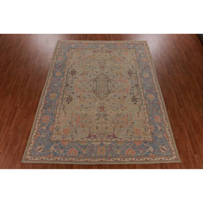 Hand Knotted Oriental 100% Wool Carpet Transitional All-Over Beige & Ivories Oushak Area Rug - 11' 9'' X 9' 1''