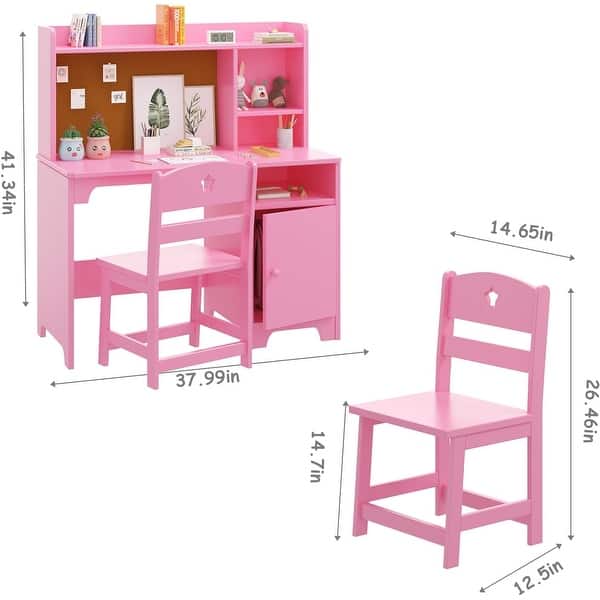 dimension image slide 0 of 2, Kids Study Desk & Chair Set with Storage, Ergonomic Learning Table with Bookshelf for Ages 3–8