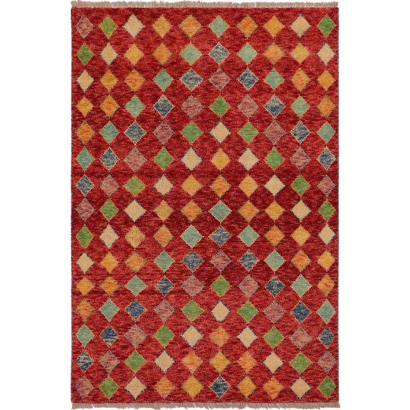 Eclectic Balochi Stevens Red/Blue Hand Knotted Wool Rug - 3'3'' x 5'0''