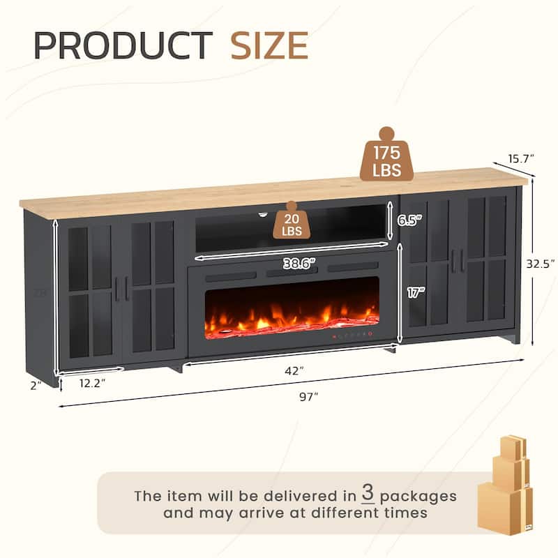EROMMY 78"/ 97" Fireplace TV Stand with Electric Fireplace, Farmhouse Media Console with LED Lights, Glass Doors
