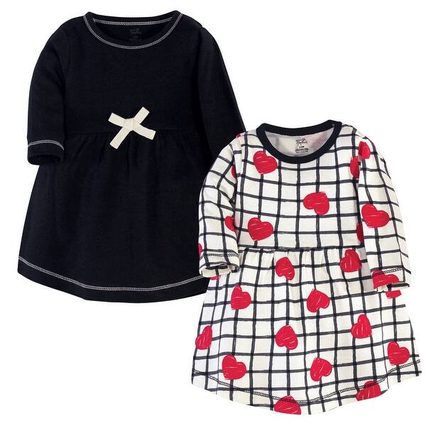 slide 1 of 1, Touched by Nature Baby and Baby Girl Organic Cotton Long-Sleeve Dresses 2pk, Black Red Heart 0-3 Months - Baby Toddler Black Red Heart Long Sleeve