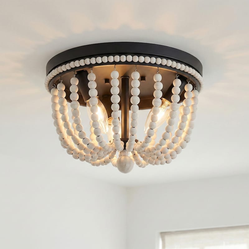 Fidenza 3-light Boho Beaded Flush Mount Ceiling Light Farmhouse Coastal Dome Lighting - 12 inches - Weathered Oak