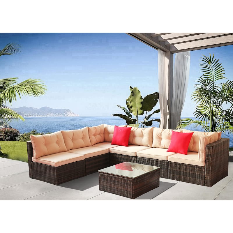 Patio Furniture Set PE Rattan Sectional Garden Furniture Corner Sofa Set (7 Pieces, Shallow brownCushion) - N/A