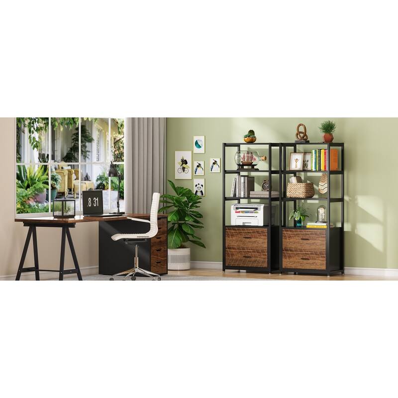 4-Tier Rustic Bookcases with 2 Drawers, Etagere Standard Book Shelves Display Shelf for Home Office