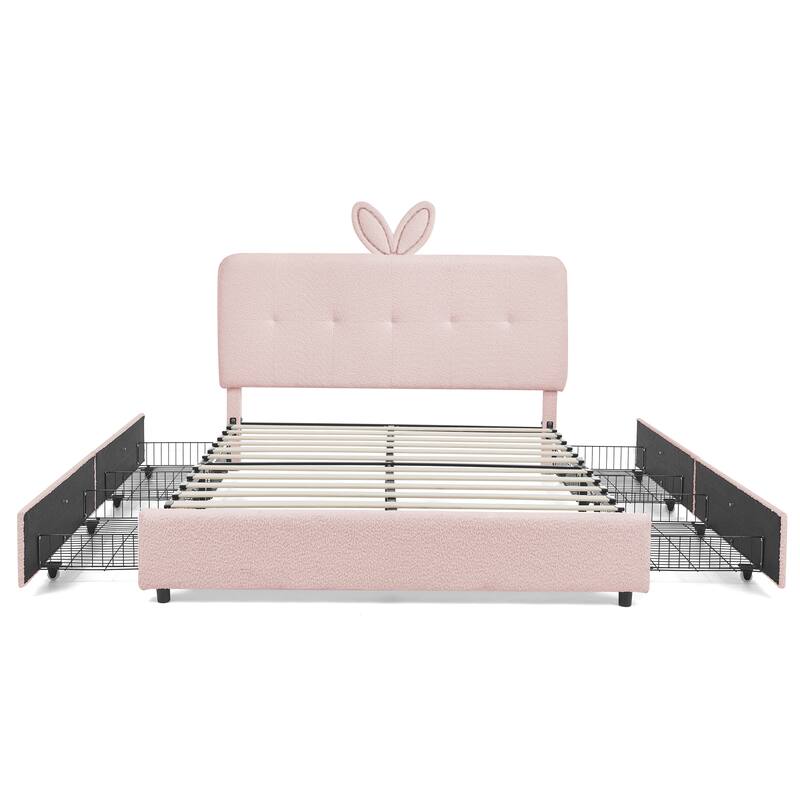 Queen Size Boucle Upholstered Bed with Rabbit Ear Headboard, LED Music Sync & 4 Drawers