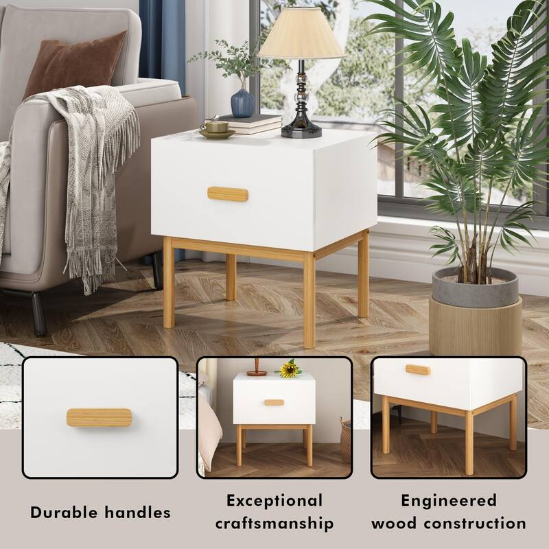 Modern White Nightstand with Drawer and Wood Legs, Minimalist Bedside Table for Bedroom, Living Room, Apartment
