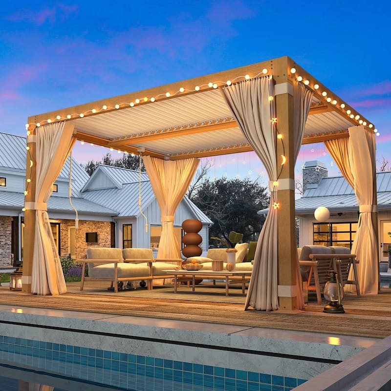 EROMMY Outdoor Louvered Pergola Gazebo with Adjustable Aluminum Rainproof Roof and Pull-Down Screen