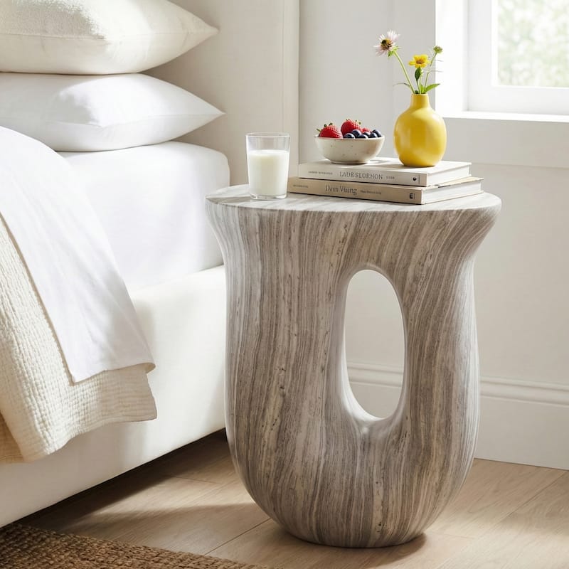 Christopher Knight Home - Modern Indoor/Outdoor 18.9"H U-Shaped Faux Marble MgO Accent Side Table with Unique Veining