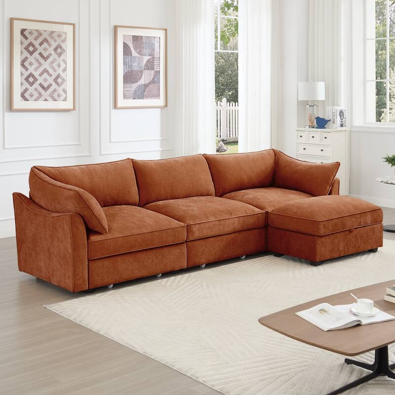 GDFStudio - Chenille L-Shaped 3-Seater 112.6" Sectional Sofa with Ottoman