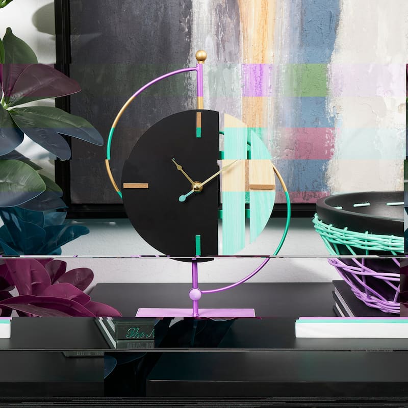 CosmoLiving by Cosmopolitan Black Wooden Two-Toned Geometric Decorative Clock with Wood Accents and Gold Semicircle Frame - Black