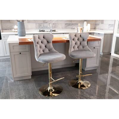Upholstered Base Bar Stools with Backs Adjustable Swivel Bar Chair (Set of 2), Grey