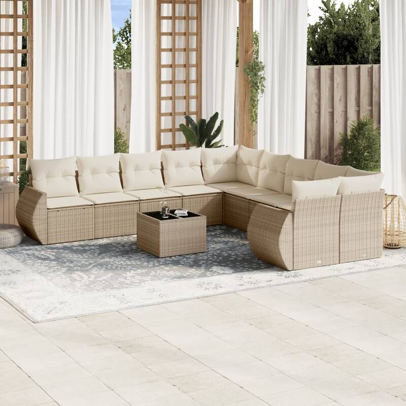 vidaXL Patio Sofa Set with Cushions Outdoor Conversation Furniture Poly Rattan - Beige and cream with table - 21.7 x 21.7 x 14.6