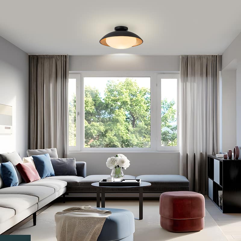 Starsky 1-light 15in. Bowl Ceiling Light Frosted Glass Shade Semi Flush Mount - Black