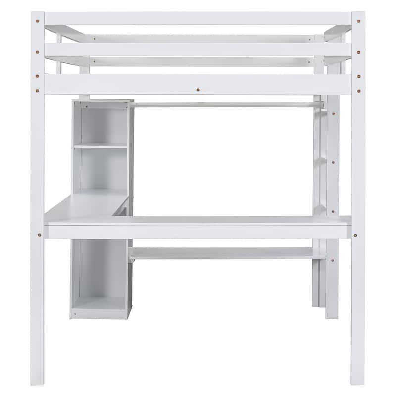 Full Size Solid Wood Loft Bed with L-shaped Desk and Storage Shelves