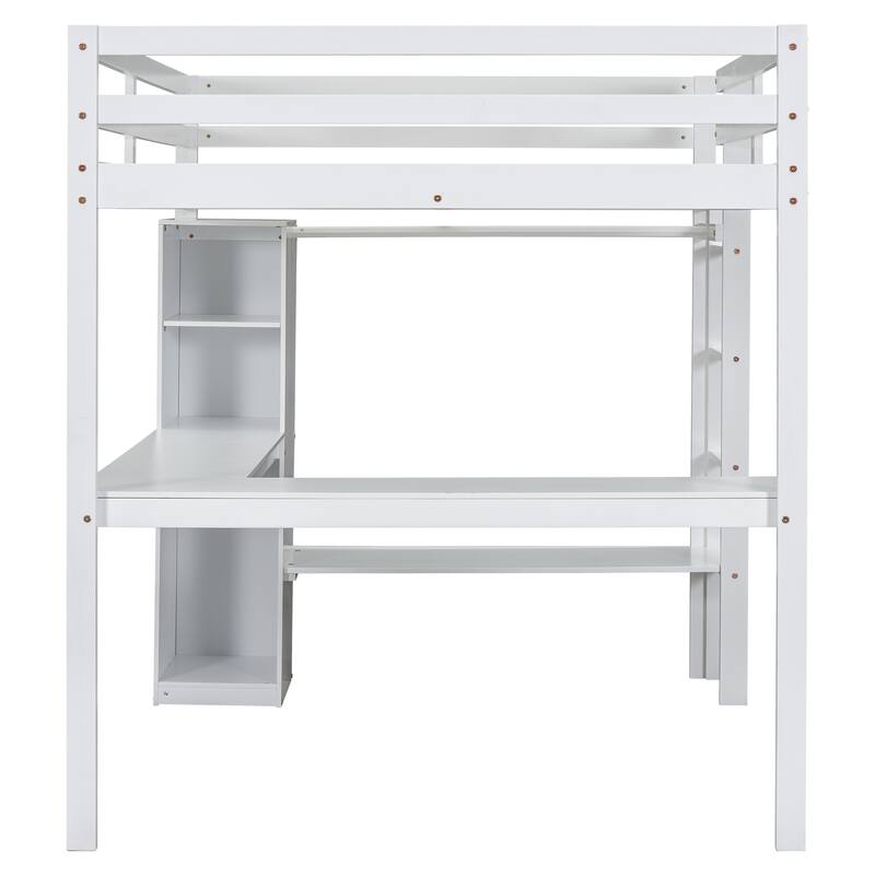 Solid Wood Loft Bed with L-shaped Desk & Storage
