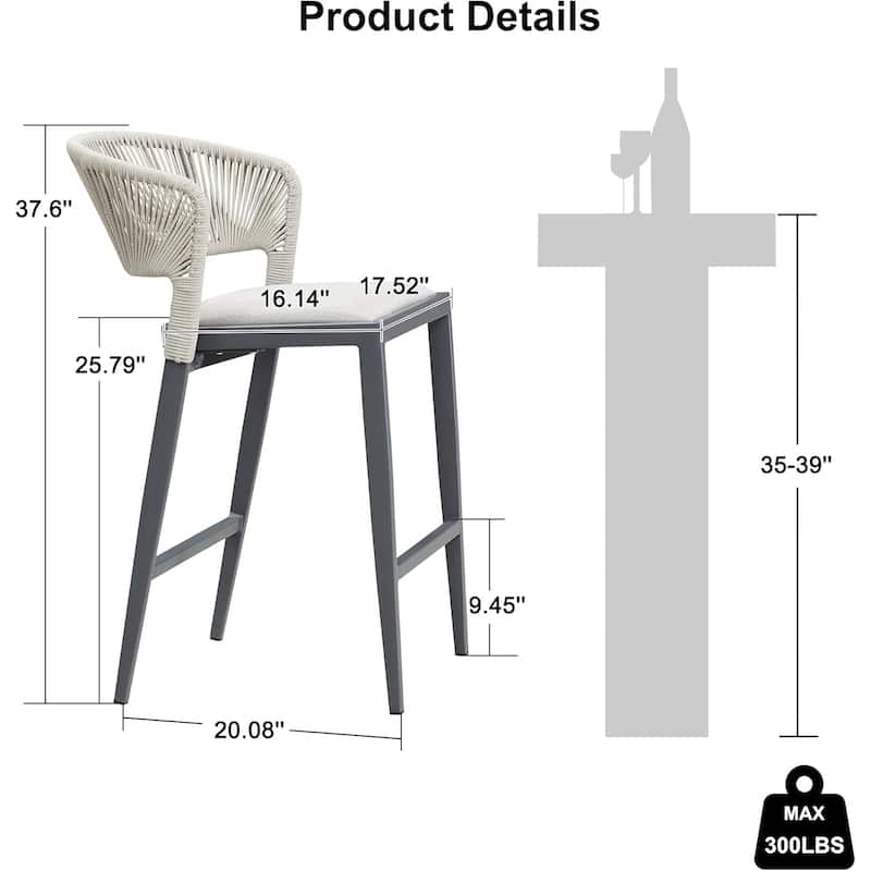 PURPLE LEAF Bar Stool Set of 2 Outdoor Rattan Bar Chair with Back Metal Bar Height Stool Wicker Barstool Dark Grey - N/A