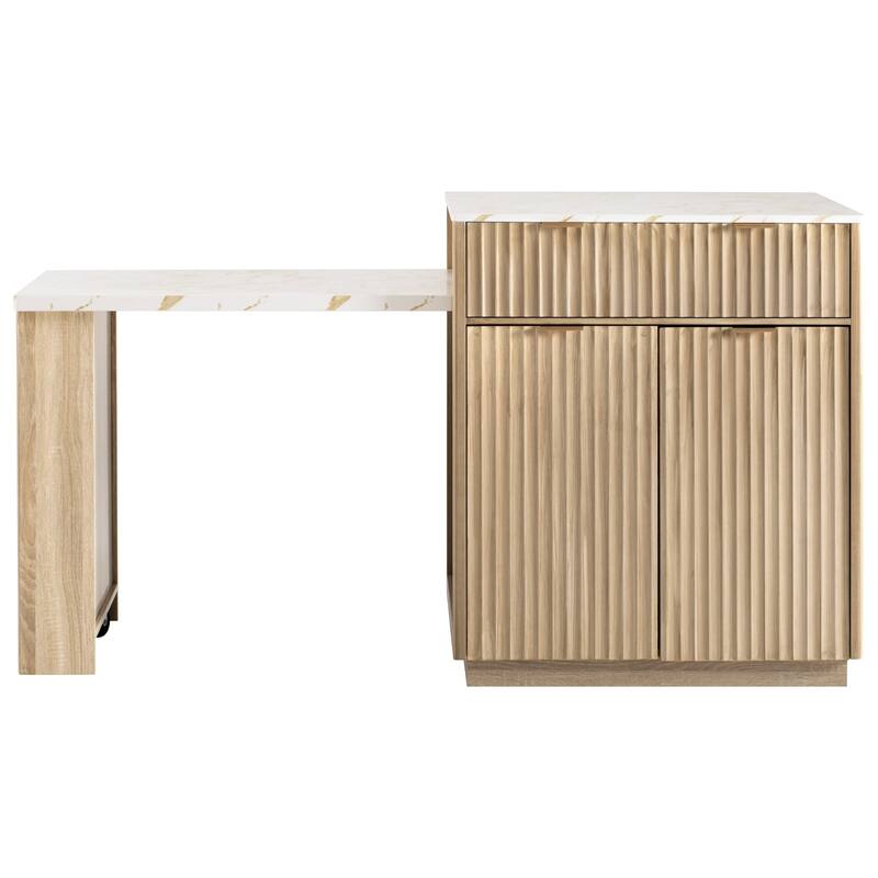 Fluted Kitchen Island with Extendable Dining Table, Power Outlet, Double Side Storage, 2 Drawers and 2 Side Open Shelves