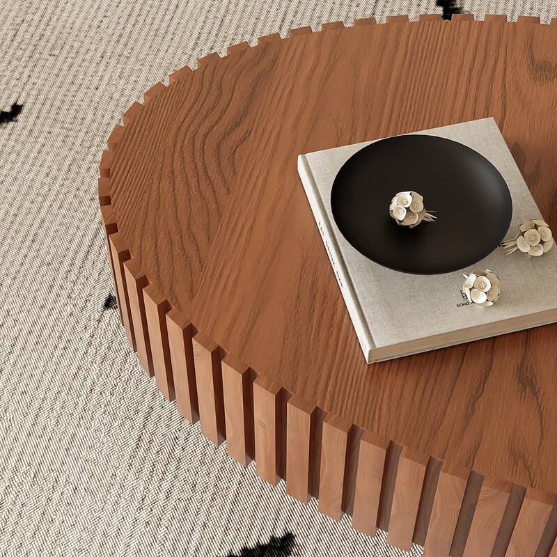 Handcrafted Relief Oval Coffee Table with Sturdy Pedestal