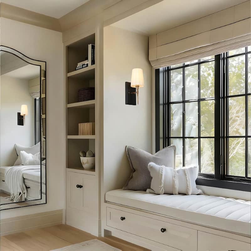 Modern Rustic Black Gold 1-Light Wall Sconces Fabric Flared Shade Bathroom Vanity Lights - 4.7" L x 6" W x 12.5" H