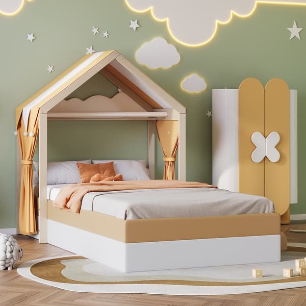 slide 2 of 10, Upholstered Twin Size House Bed With Curtains, White And Brown White-Brown