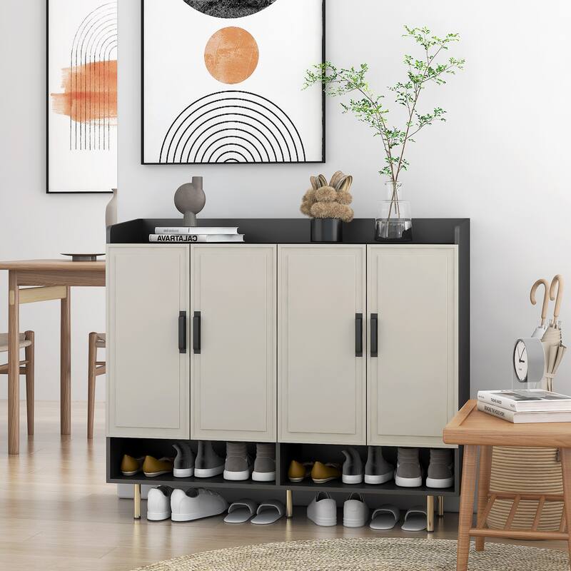 Modern Shoe Cabinet with 4 Doors, Shoe Storage Organizer with Adjustable Shelves for Entryway
