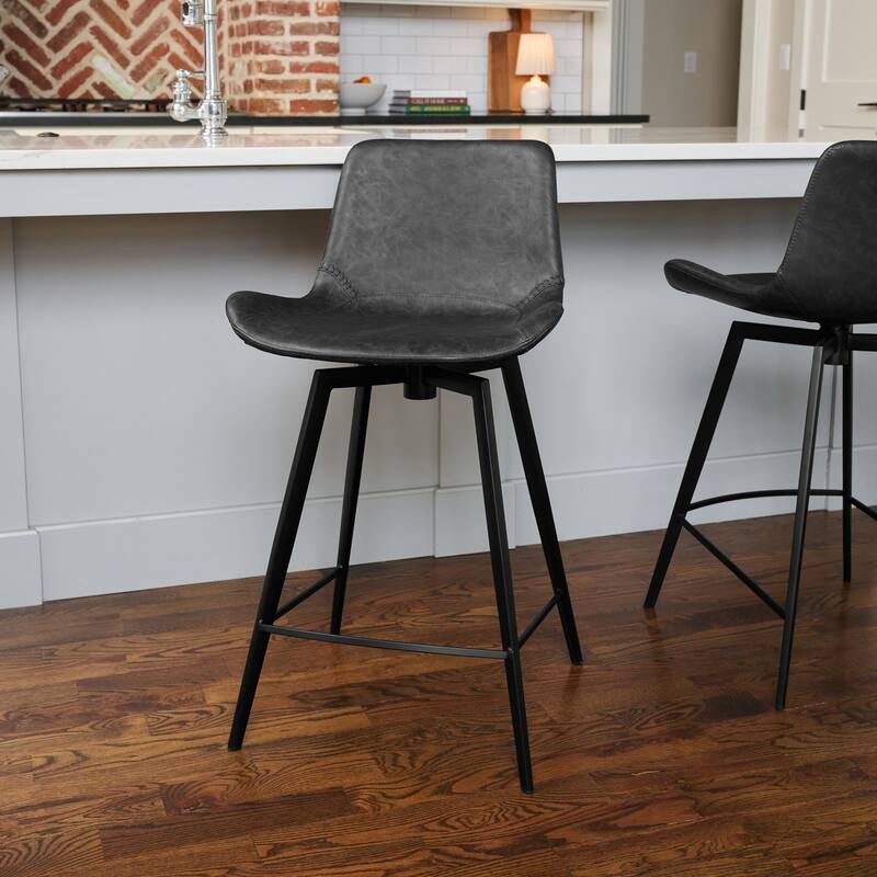 Maven Lane Victor Metal & Vegan Leather Kitchen Dining Stool - Matte Black Finish - Counter Height