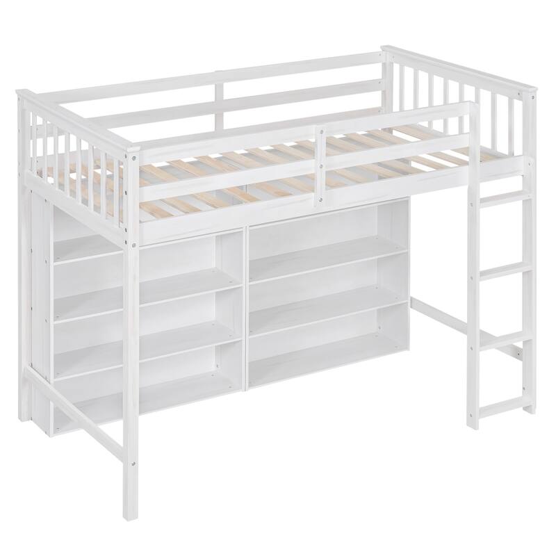 Loft Bed with All-in-One 8 Open Storage Shelf and 4 Step Ladder, Wood Loft Bed Slat Support for Kids Teens